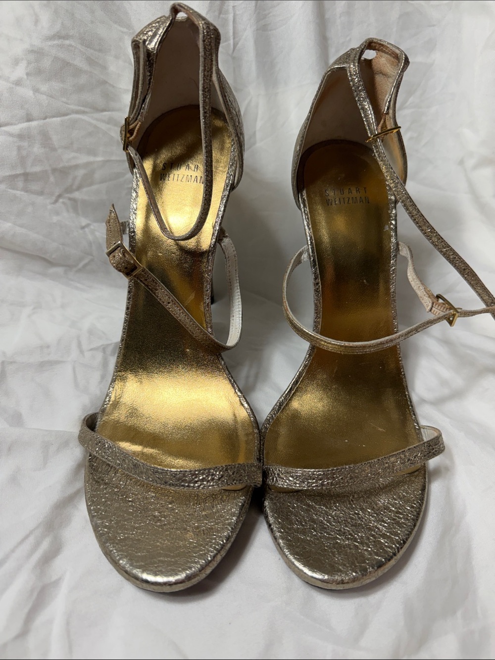 Stuart Weitzman Metallic Gold Ankle-Strap Heels